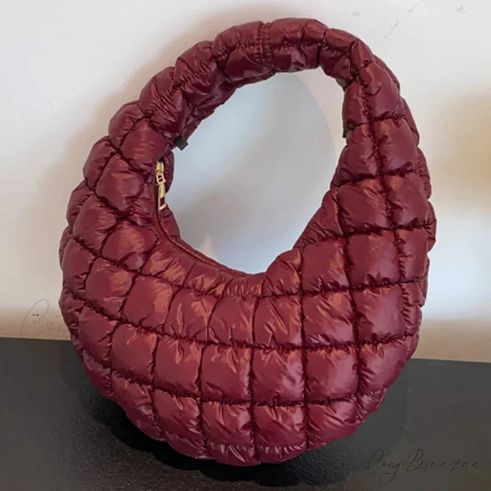 Fashion Quilted Puffer Pleated Shoulder Handbag Red handbag-250126