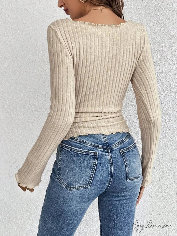 Fashion Round Neck Wooden Ear Edge Long Sleeve Knit Top knittop-250126