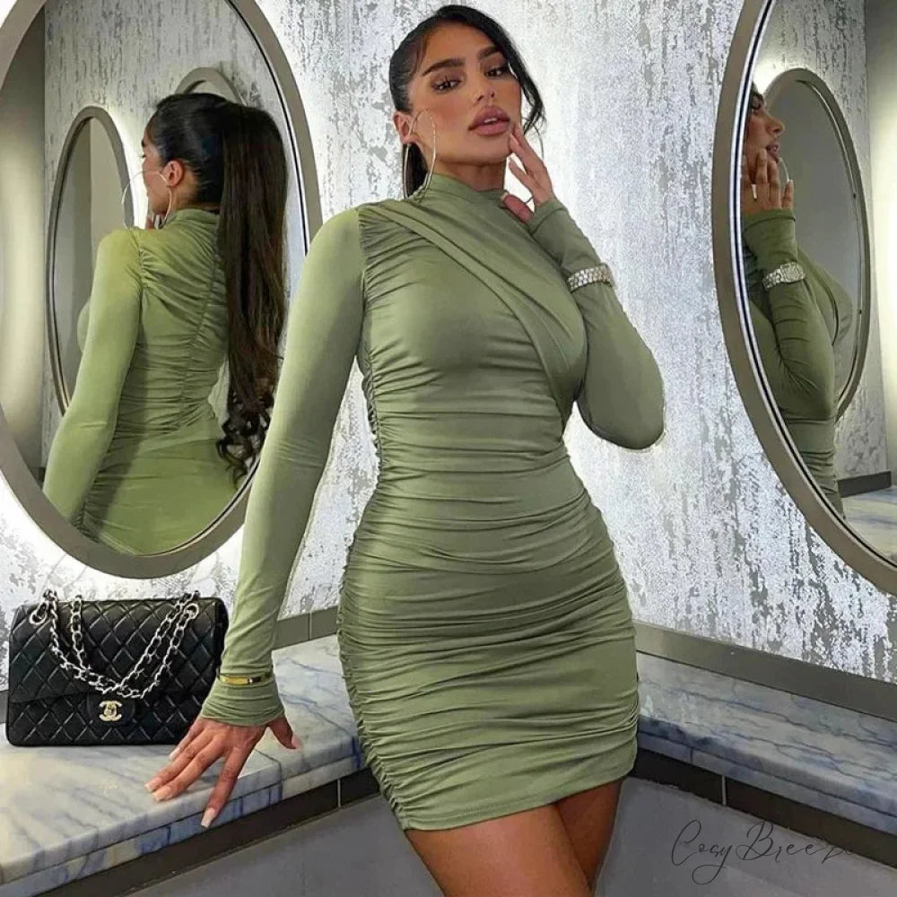 Fashion Ruched Bodycon Long Sleeve Club Mini Dress Green / S