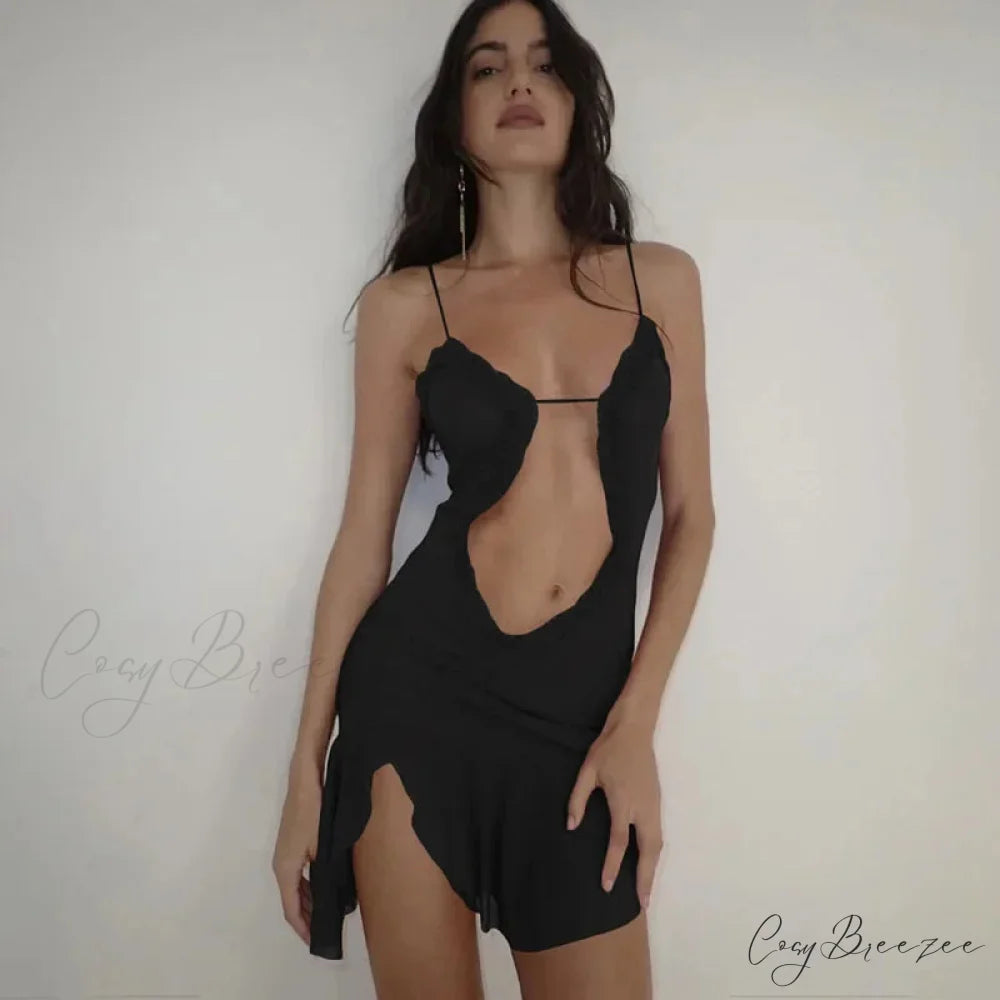Fashion Ruched Slip Cut Out Backless Mini Dress Black / S