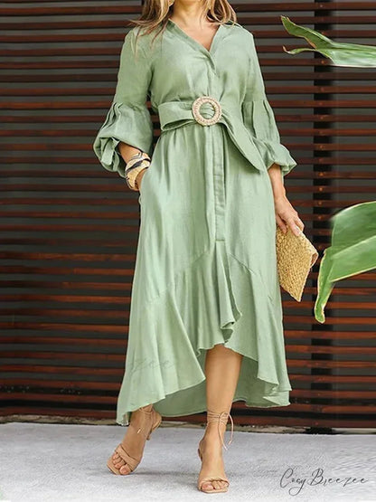 Fashion Ruffle Women’s Shirt Casual V Neck Lantern Sleeve With Pocket Long Skirt 2024 Spring Lady Streetwear Midi Dress