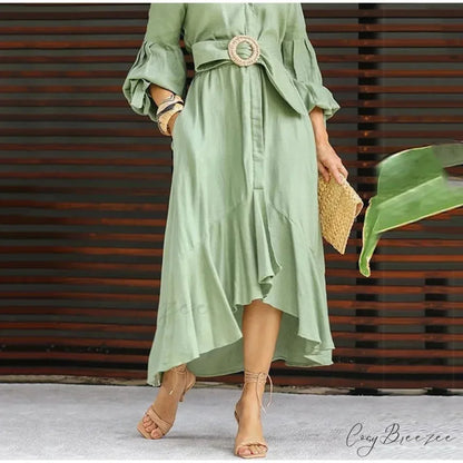 Fashion Ruffle Women’s Shirt Casual V Neck Lantern Sleeve With Pocket Long Skirt 2024 Spring Lady Streetwear Midi Dress