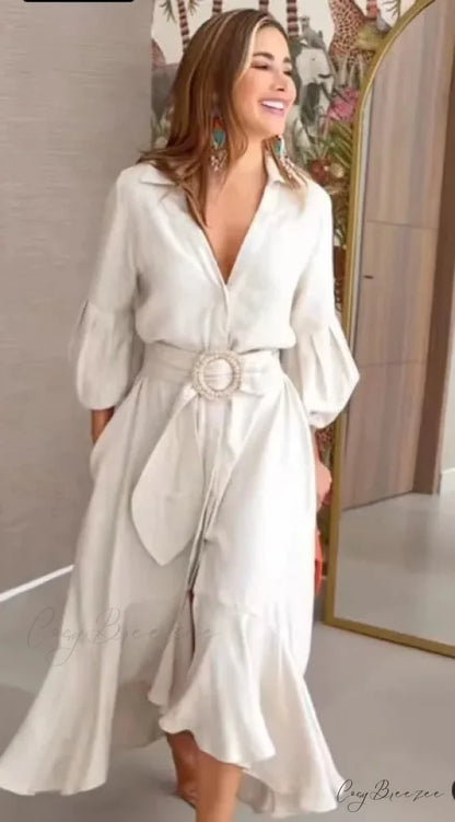 Fashion Ruffle Women’s Shirt Casual V Neck Lantern Sleeve With Pocket Long Skirt 2024 Spring Lady Streetwear Midi Dress