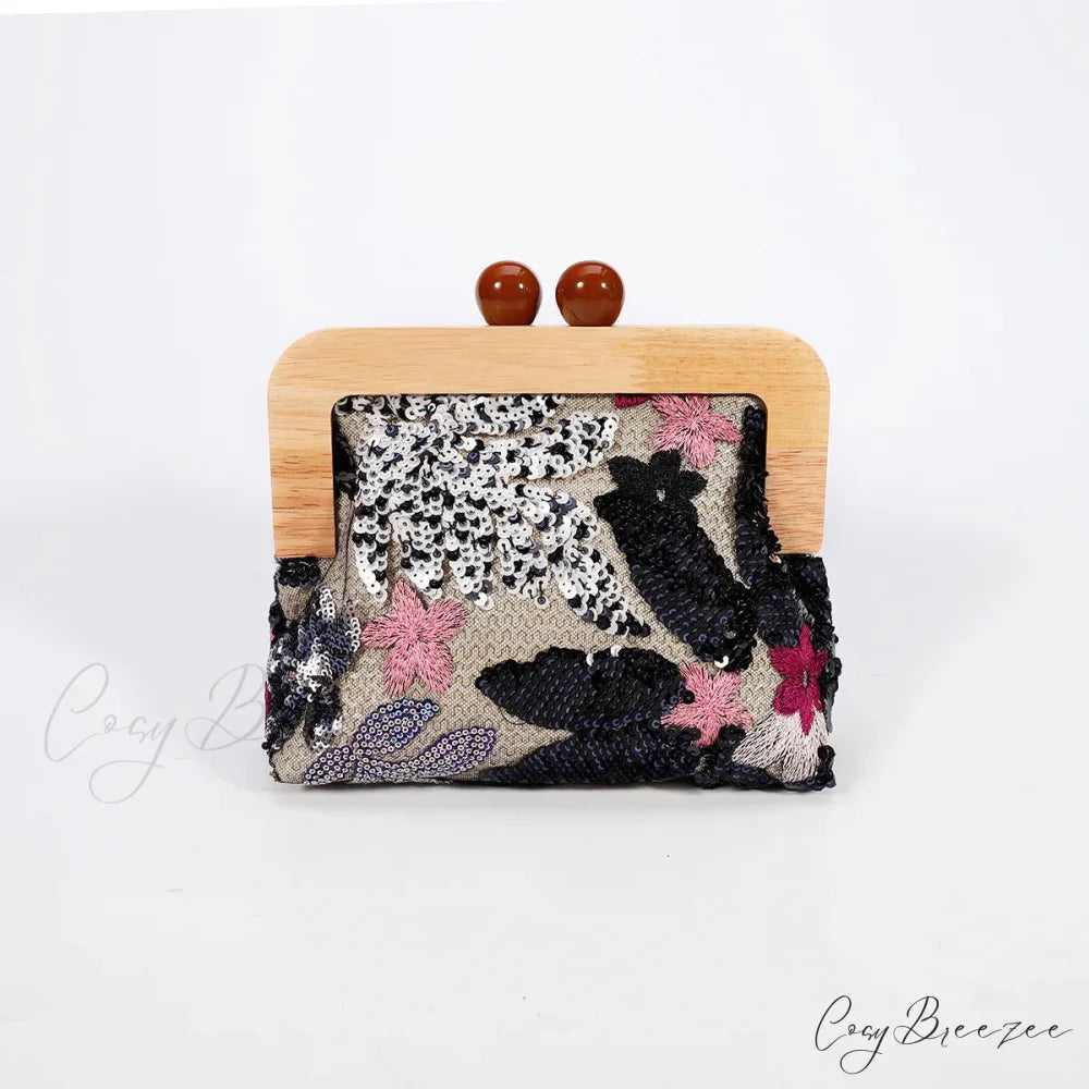 Fashion Sequins Flower Clutch Bag Wristlet Black wristlet-250126