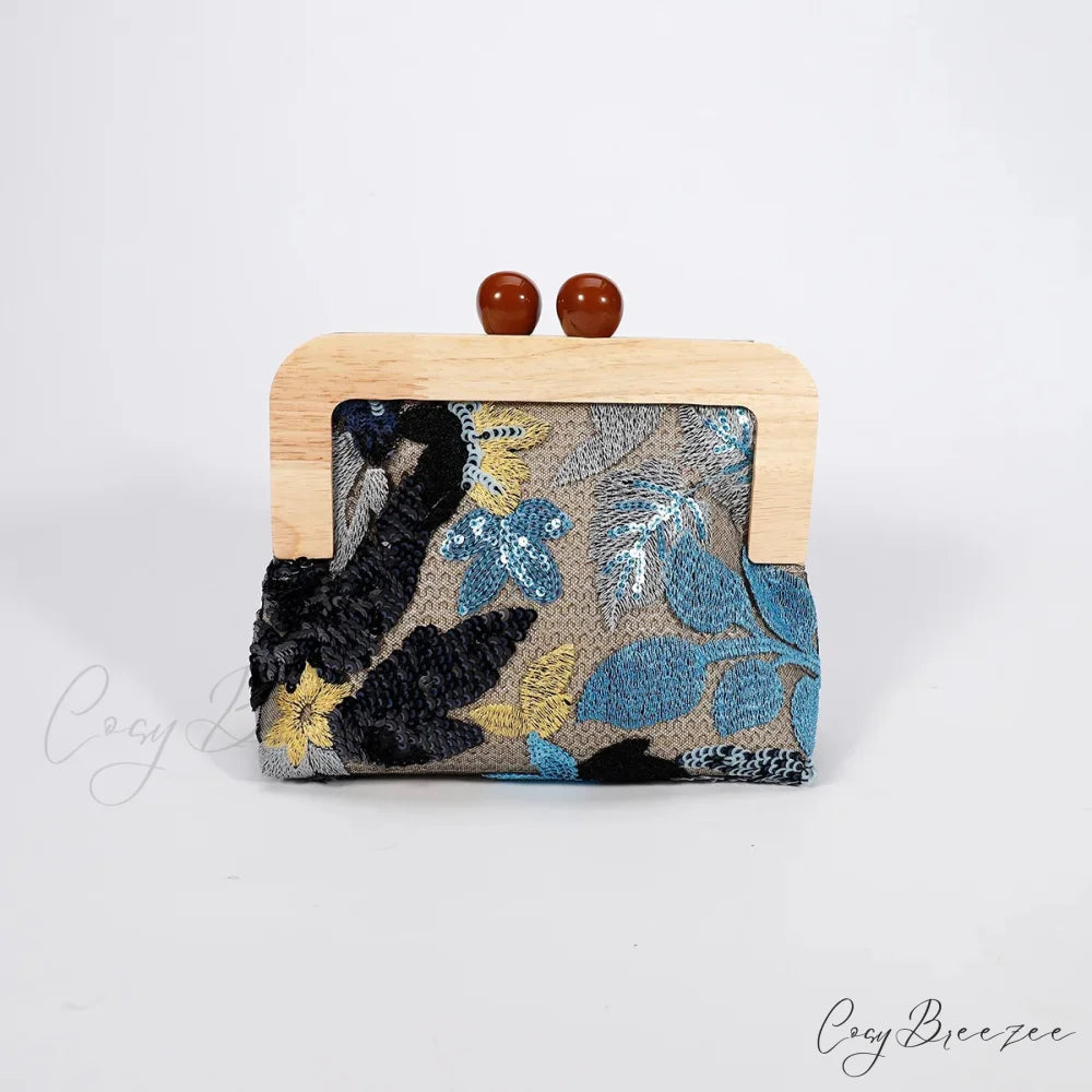 Fashion Sequins Flower Clutch Bag Wristlet dark blue wristlet-250126