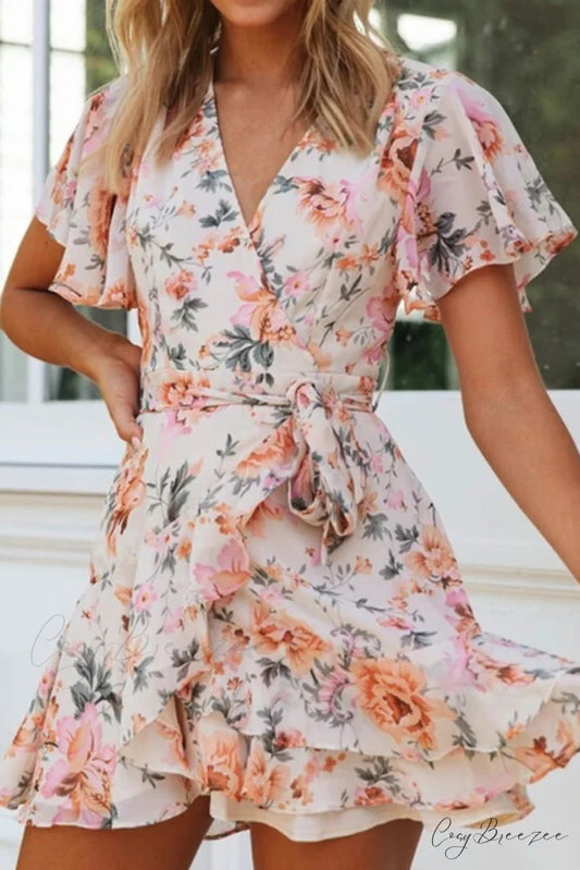 Fashion Short Graceful Sleeve Stripe Dress Floral / S