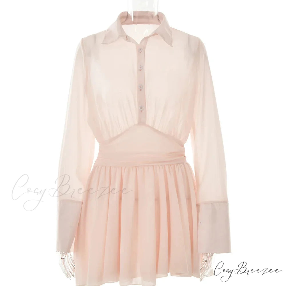 Fashion Single Breasted Pleated Sheer Mini Dress Pink / S