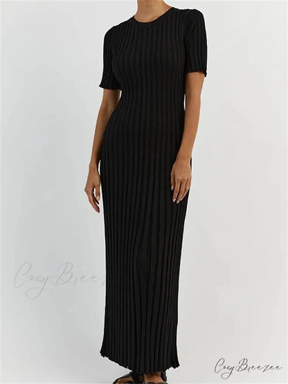Fashion Women Solid Color Round Neck Short Sleeve Summer Tie-Up Party Ribbed Knitted Female Vestidos BLACK / S