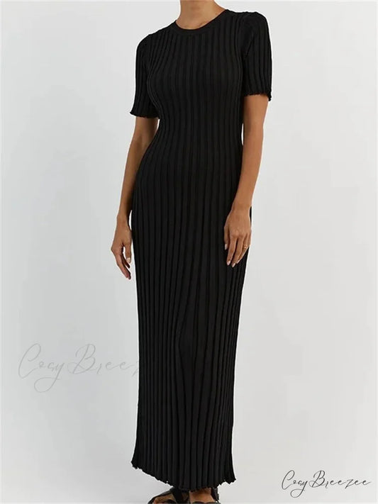 Fashion Women Solid Color Round Neck Short Sleeve Summer Tie-Up Party Ribbed Knitted Female Vestidos BLACK / S