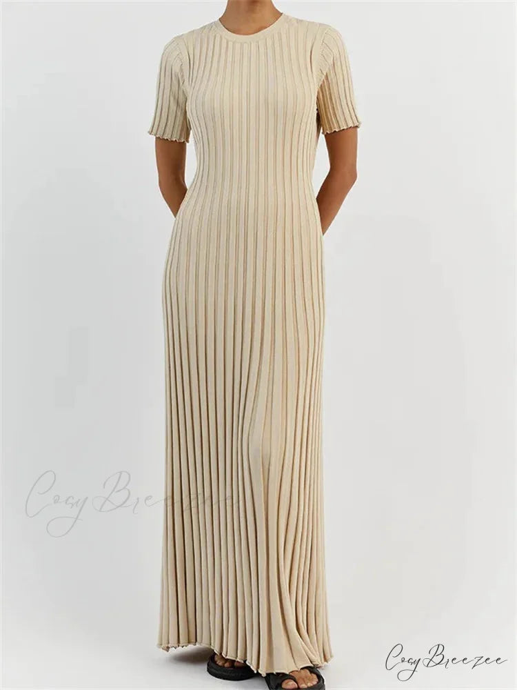 Fashion Women Solid Color Round Neck Short Sleeve Summer Tie-Up Party Ribbed Knitted Female Vestidos WHITE / S