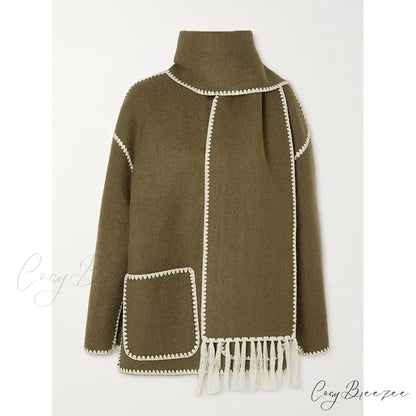 Fashion Woolen Coat With Scarf Tassels Coat Army green / S overcoats-241228