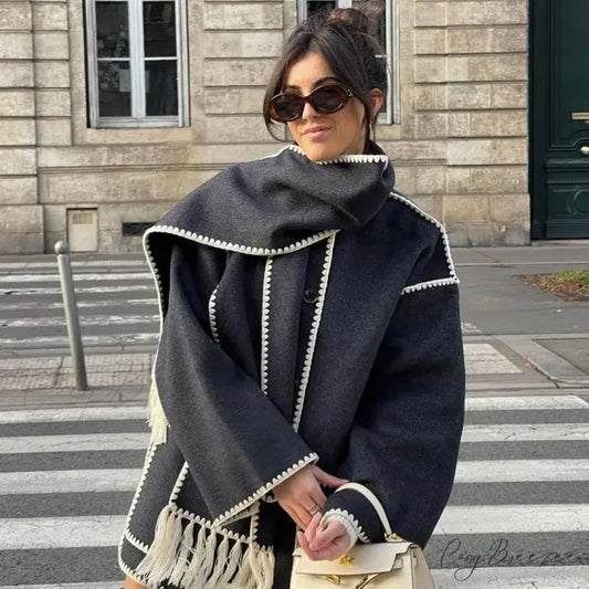 Fashion Woolen Coat With Scarf Tassels Coat Black / S overcoats-241228