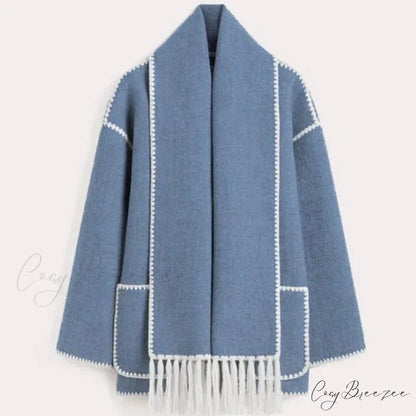 Fashion Woolen Coat With Scarf Tassels Coat Blue / S overcoats-241228