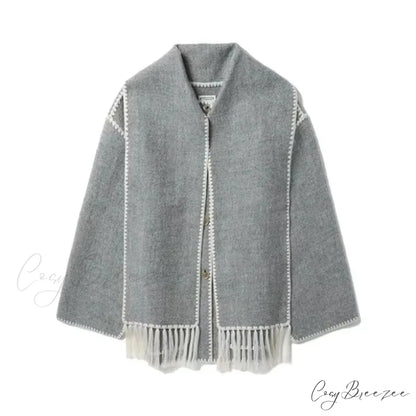 Fashion Woolen Coat With Scarf Tassels Coat gray / S overcoats-241228