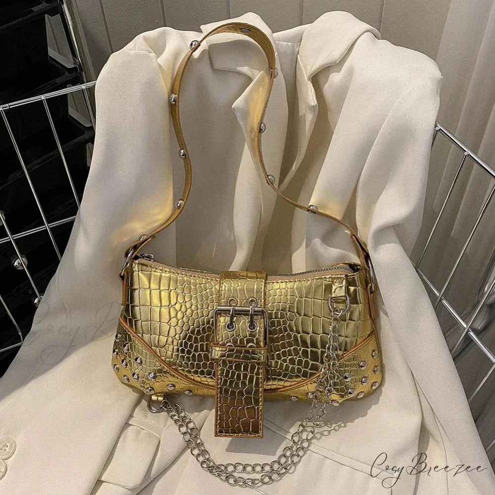 Fashion Y2K Pleated Underarm Shoulder Bag Gold / 25x13.5x0.5cm shoulder-250126