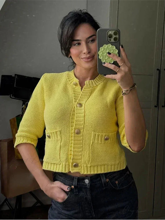 Fashionable Chic Yellow Stylish Cozy Long Sleeve Comfortable Single-breasted Warm Sweater