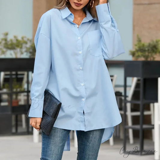 Fashionable Collar Plain Asymmetrical Blouse Light Blue / S blouse-250126
