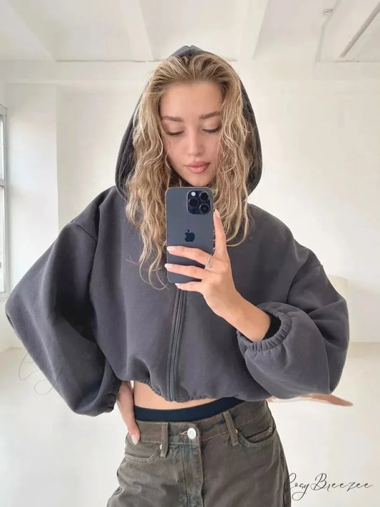 Fashionable Cropped Cozy Solid Color Loose Hoodie Gray / S