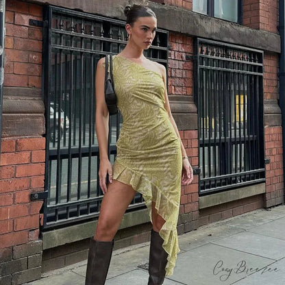 Fashionable Glittering Printed Ruffled Backless One Shoulder Asymmetric Sexy Midi Dress GREEN / S