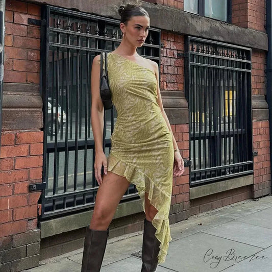 Fashionable Glittering Printed Ruffled Backless One Shoulder Asymmetric Sexy Midi Dress GREEN / S