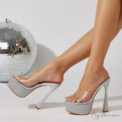 Fashionable Glittering Sexy Open-Toe Stripper Transparent Platform Slipper Sleek Modern Chic High Heel