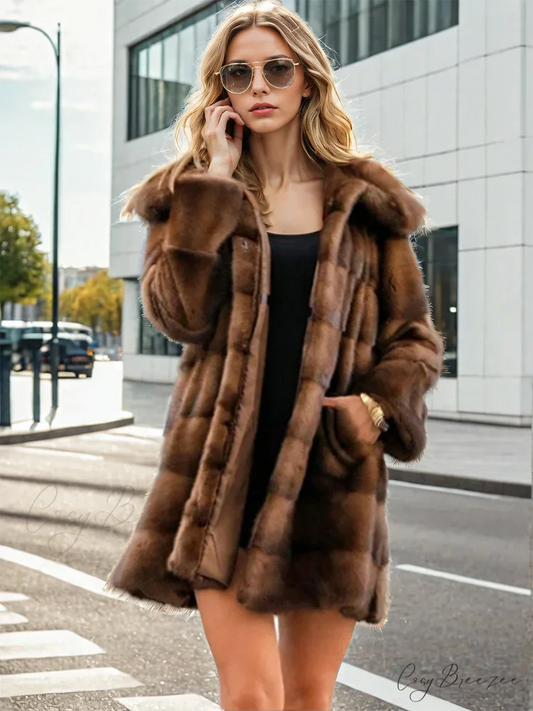 Faux Fur Hooded Button Loose Coat Brown / S overcoats-241228