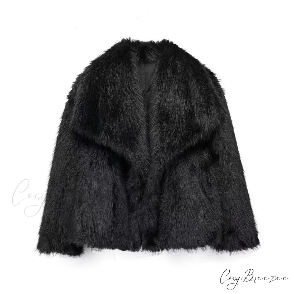 Faux Fur Lapel Autumn Winter Coat Black / XS