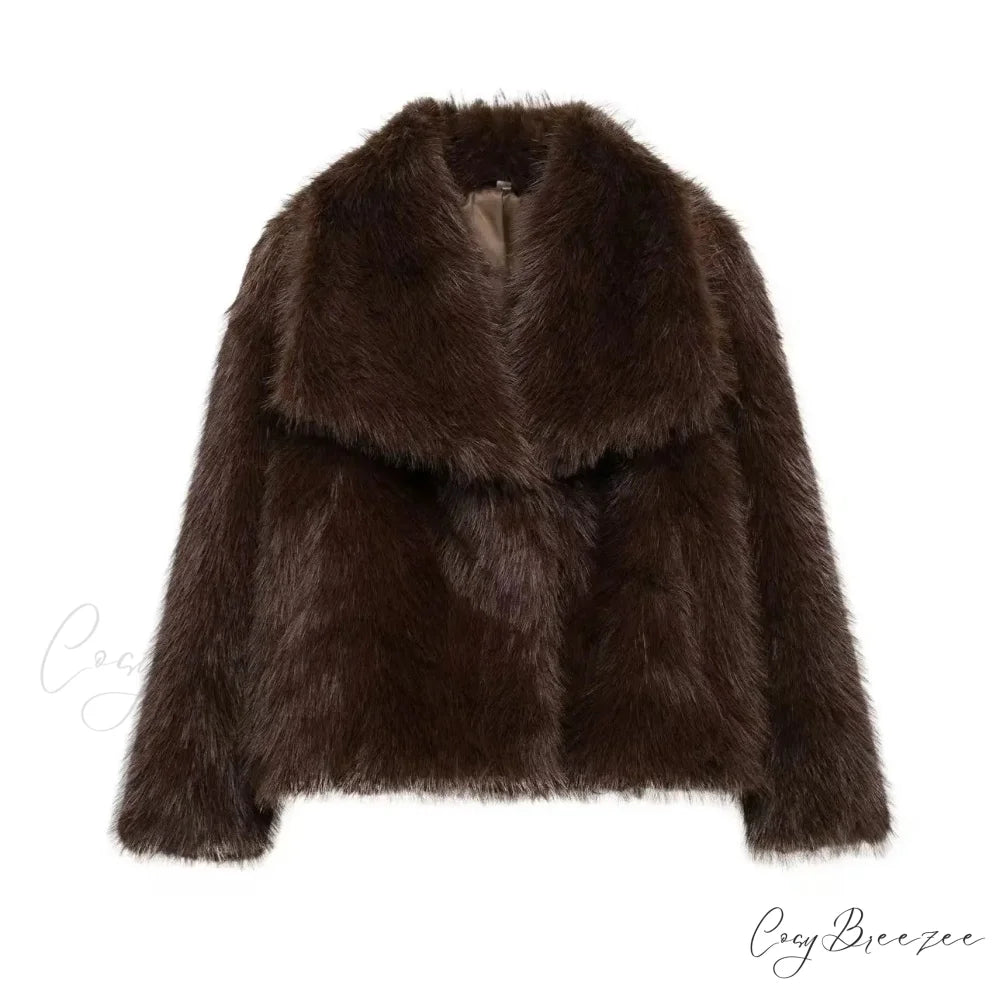 Faux Fur Lapel Autumn Winter Coat coffee / XS