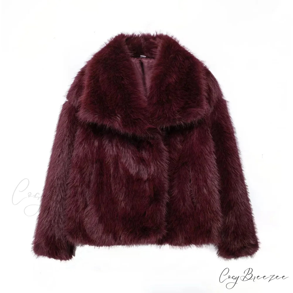 Faux Fur Lapel Autumn Winter Coat Red / XS