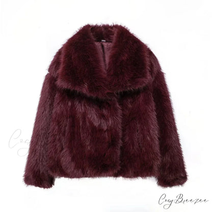 Faux Fur Lapel Autumn Winter Coat Red / XS