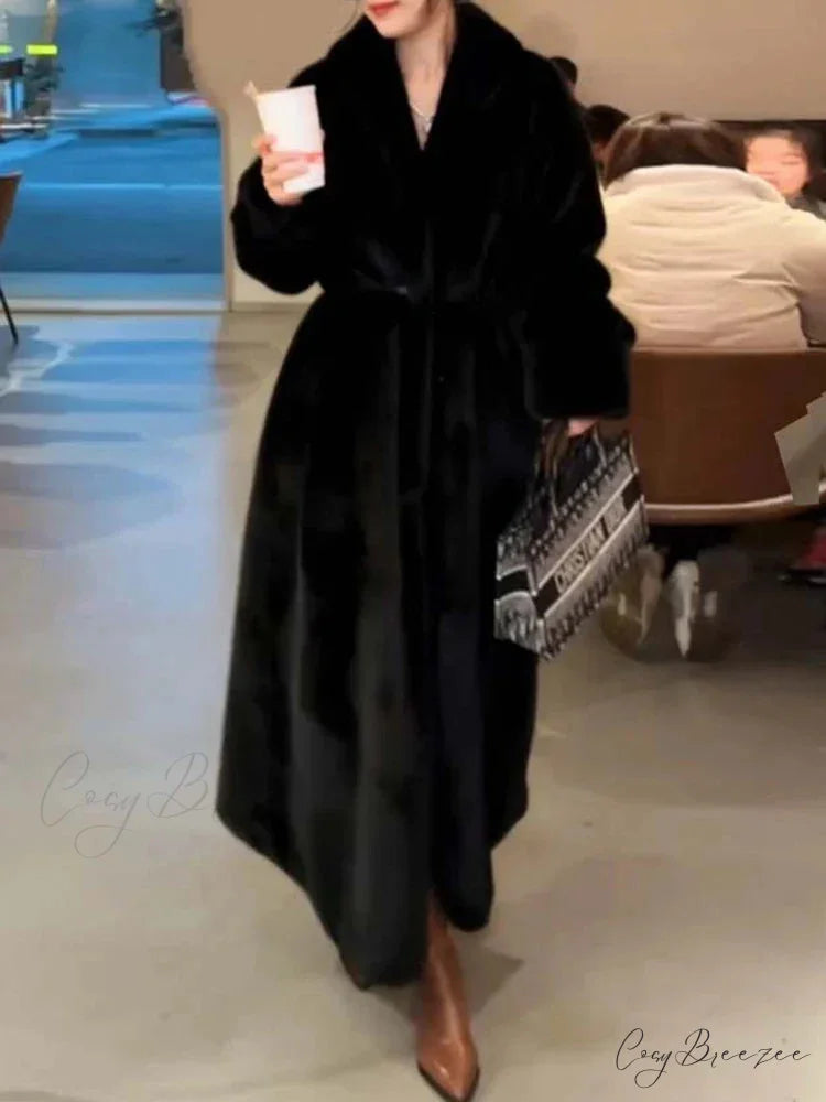 Faux Fur Lapel Plush Imitation Mink Coat Black / S overcoats-241228