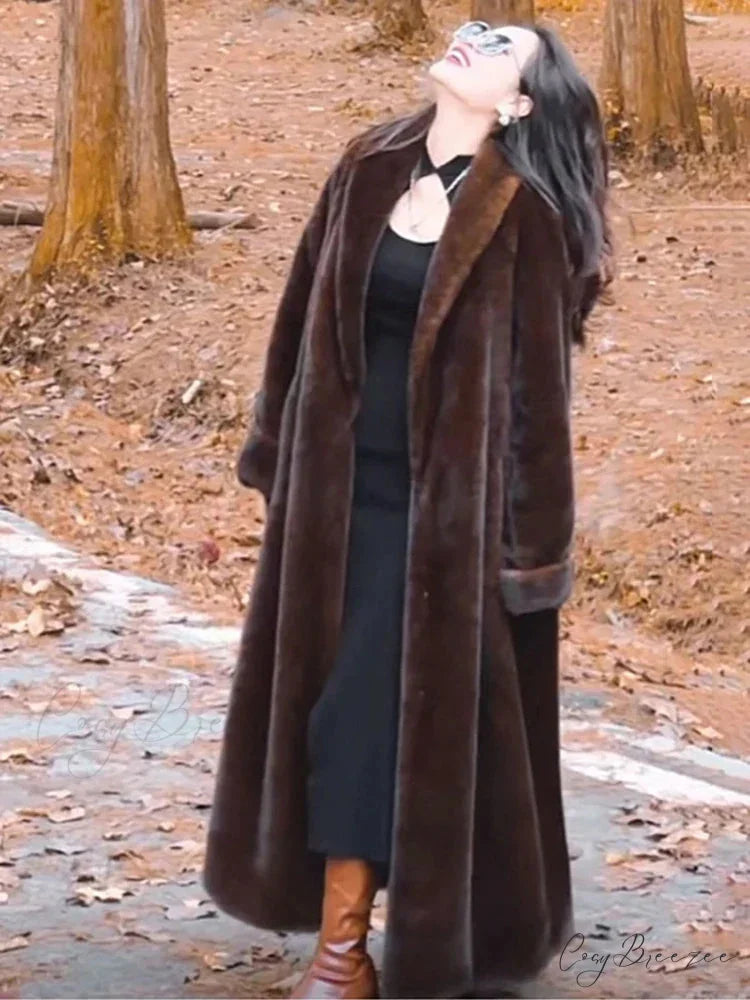Faux Fur Lapel Plush Imitation Mink Coat Dark Brown / S overcoats-241228