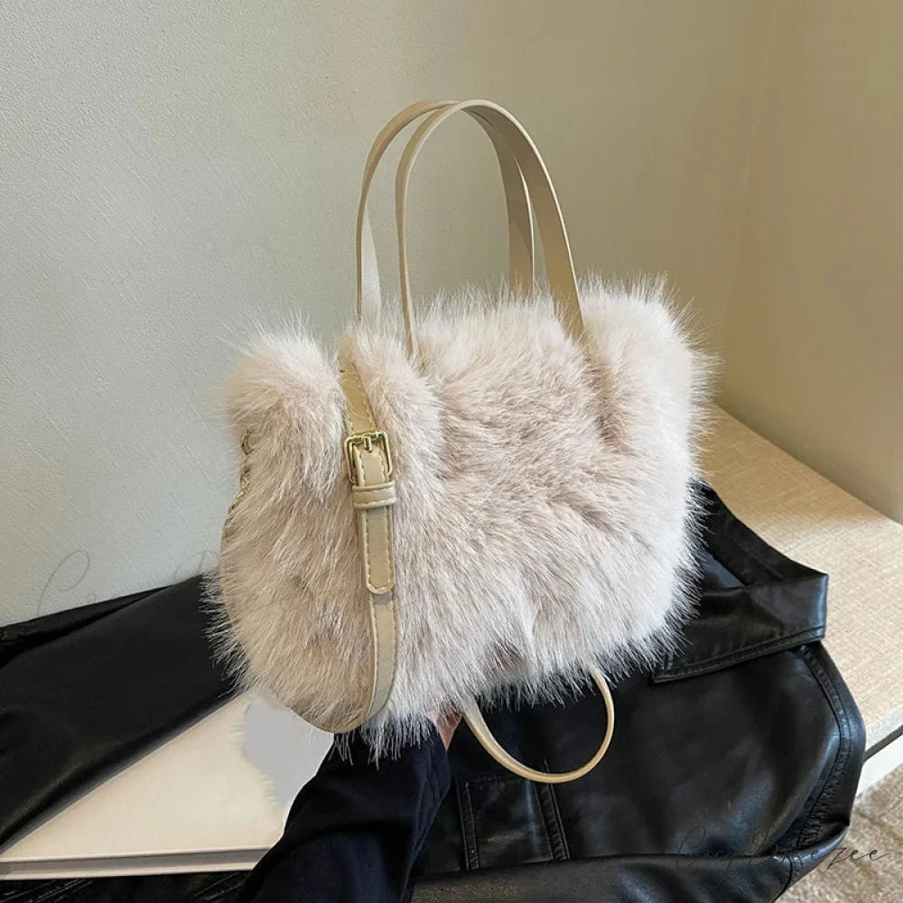 Faux Fur Plush Bucket Winter Crossbody Handbag Beige handbag-250126