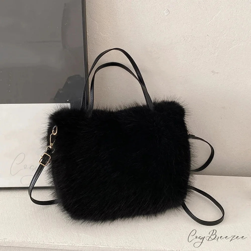 Faux Fur Plush Bucket Winter Crossbody Handbag Black handbag-250126
