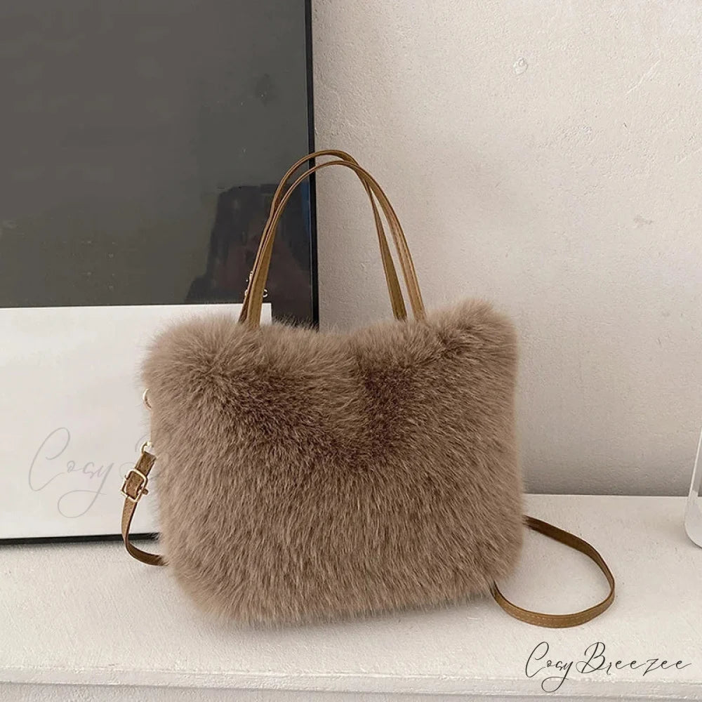 Faux Fur Plush Bucket Winter Crossbody Handbag coffee handbag-250126