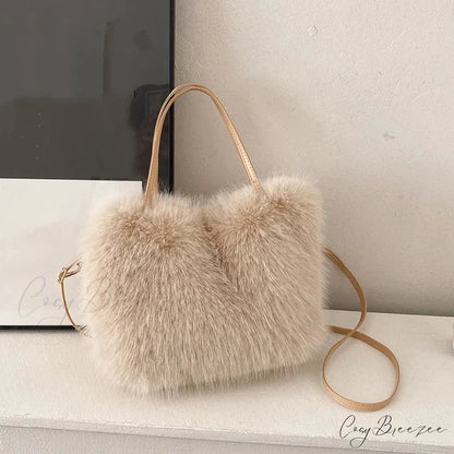 Faux Fur Plush Bucket Winter Crossbody Handbag khaki handbag-250126