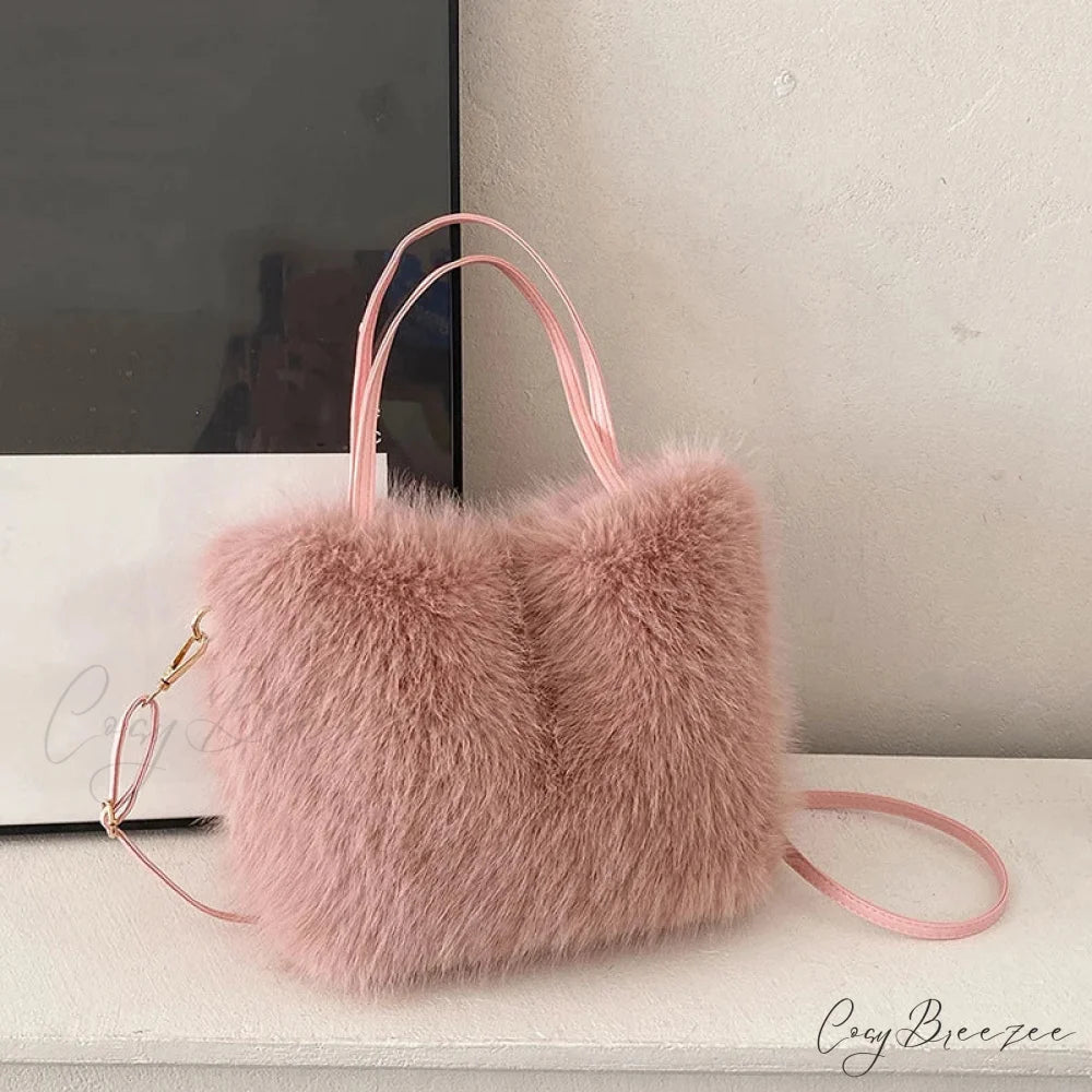 Faux Fur Plush Bucket Winter Crossbody Handbag Pink handbag-250126