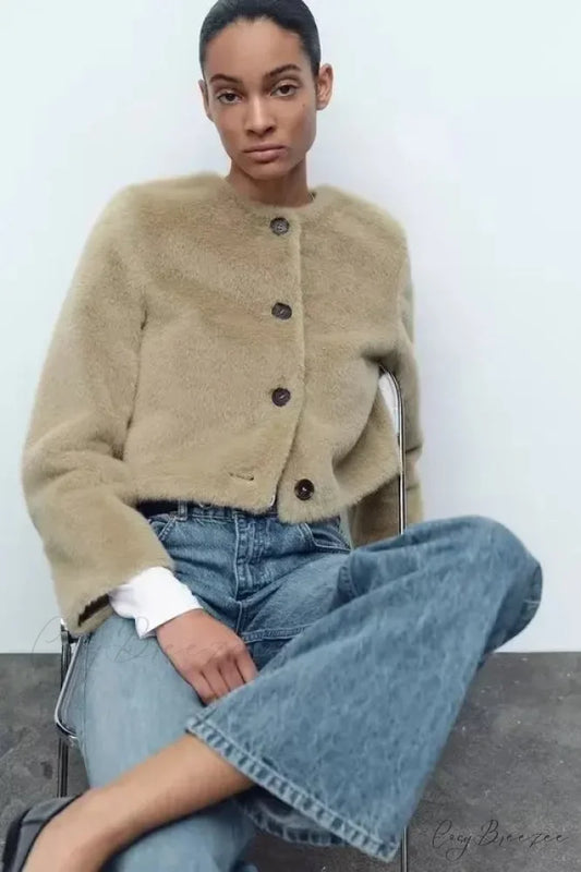 Faux Fur Short Jacket Knit Cardigan Khaki / XS cardigans-241228