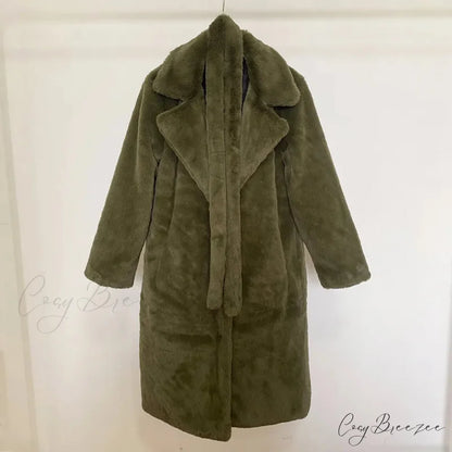 Faux Fur Stylish Long Belted Coat army green fur coat / S