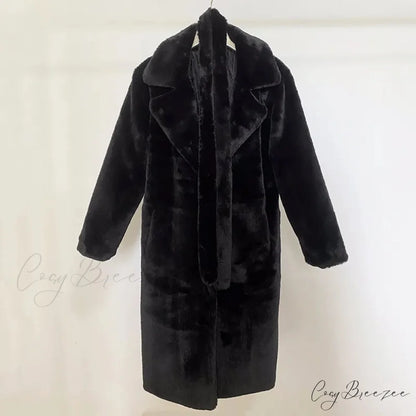 Faux Fur Stylish Long Belted Coat black fur coat / S