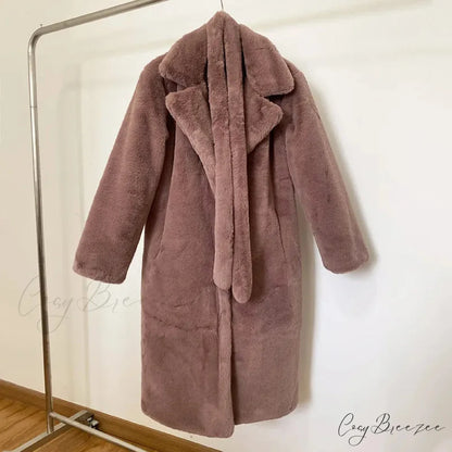Faux Fur Stylish Long Belted Coat dark pink fur coat / S