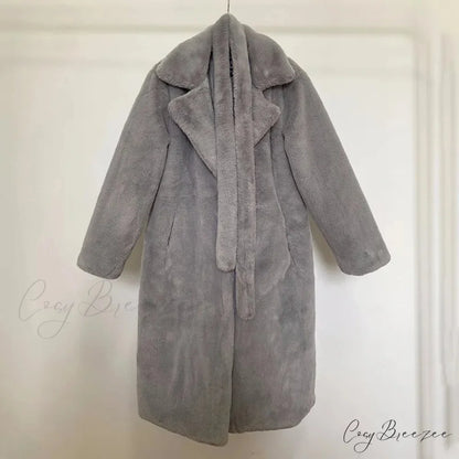 Faux Fur Stylish Long Belted Coat gray fur coat / S