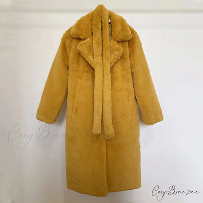 Faux Fur Stylish Long Belted Coat mustard fur coat / S