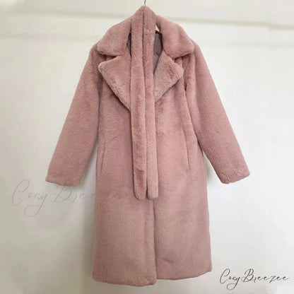 Faux Fur Stylish Long Belted Coat pink fur coat / S