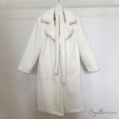 Faux Fur Stylish Long Belted Coat white fur coat / S