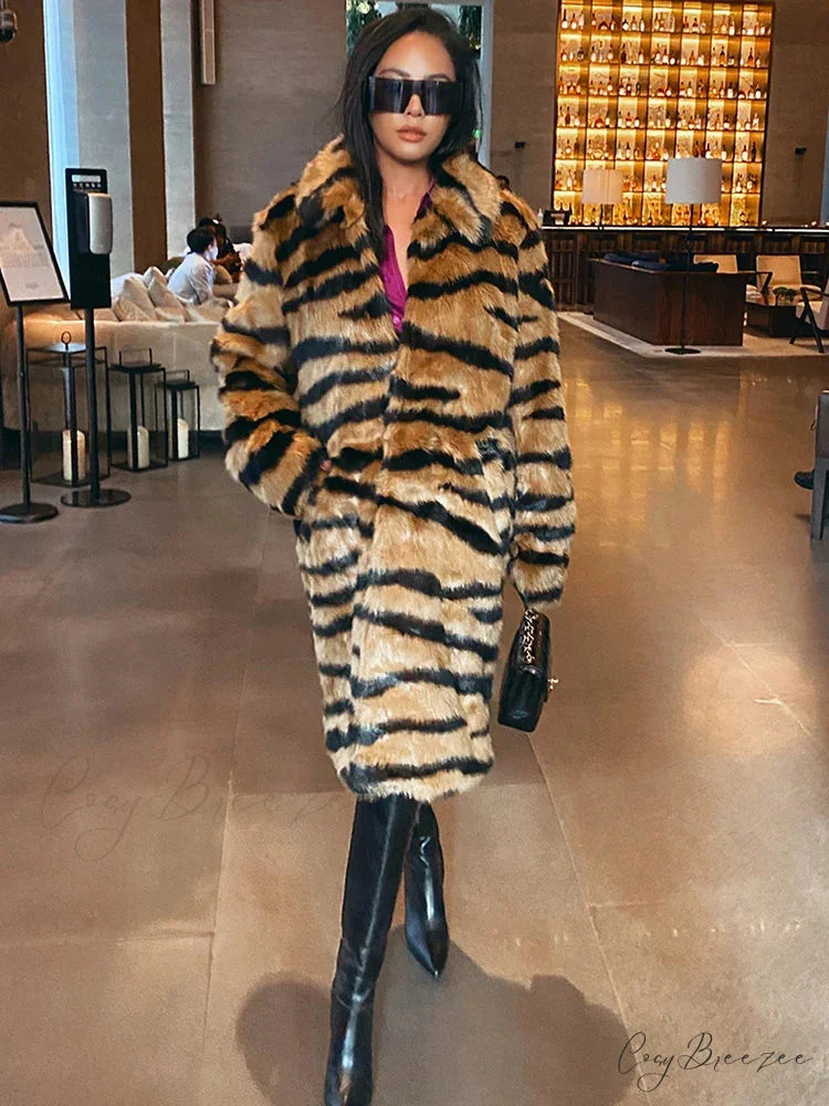 Faux Fur Tiger Striped Loose Coat overcoats-241228