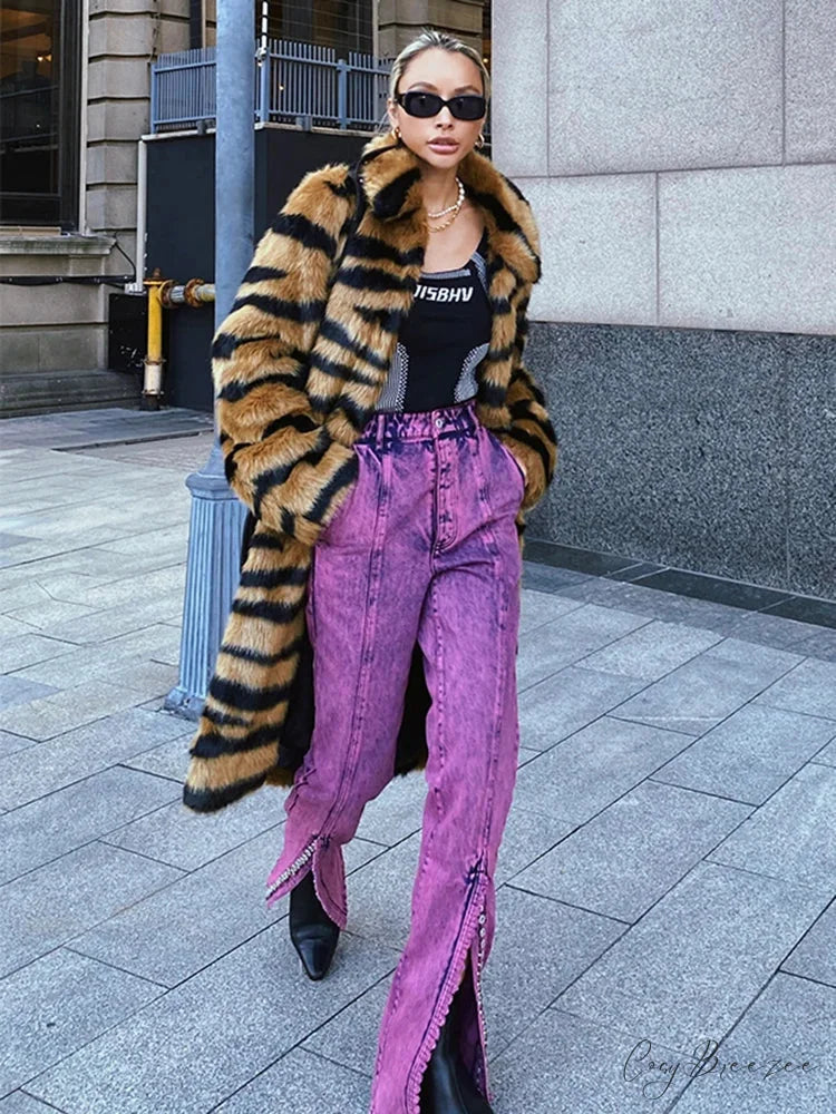 Faux Fur Tiger Striped Loose Coat overcoats-241228