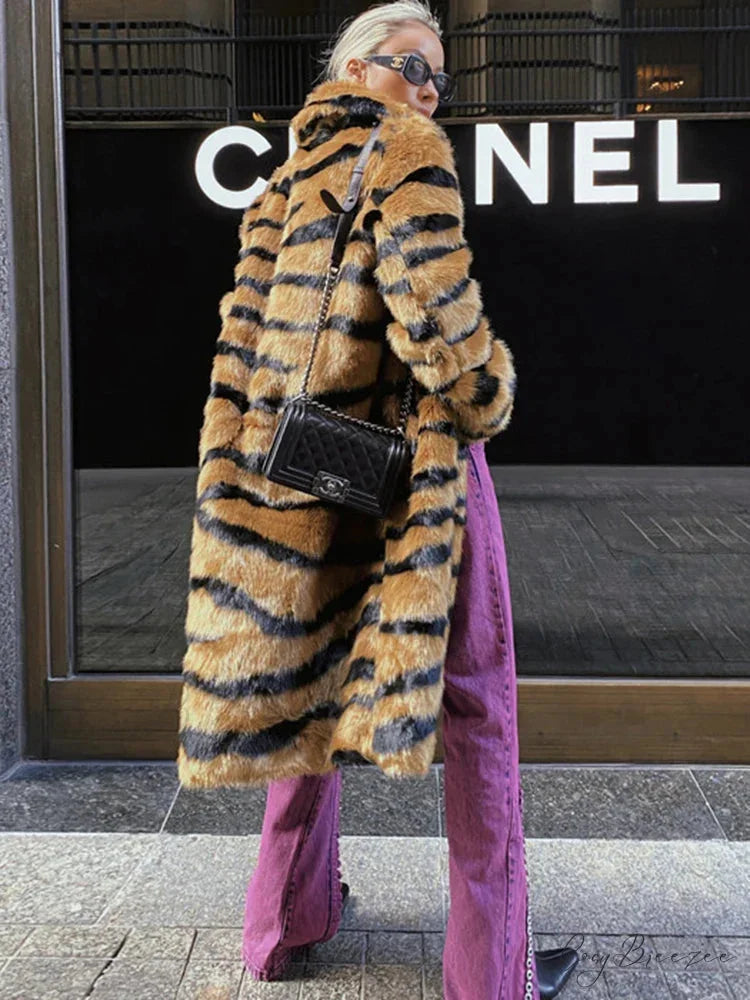 Faux Fur Tiger Striped Loose Coat tiger striped / S overcoats-241228