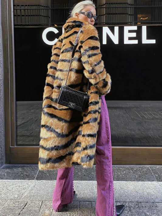 Faux Fur Tiger Striped Loose Coat tiger striped / S overcoats-241228