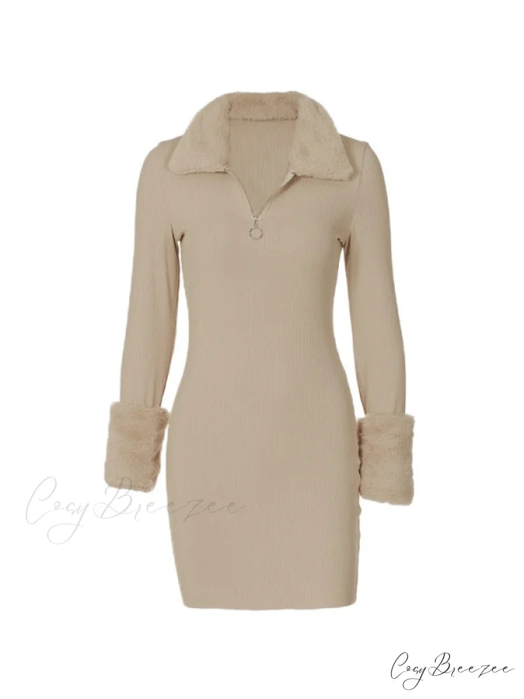 Faux Fur Trim Rib Modern Knit Long Sleeve Mini Dress